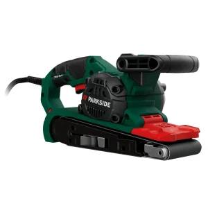 Pásová brúska Parkside PBSD 900 A1 pripravená na prenájom s držiakom a reguláciou rýchlosti